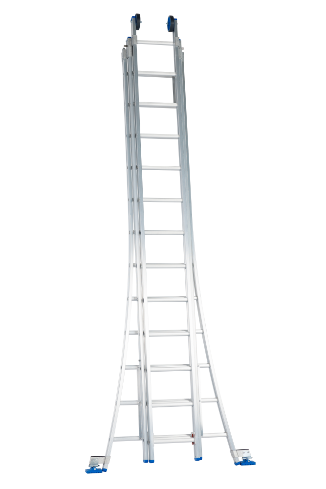 Echelle coulissante / 3 x12, pieds évasés, transformable, sécurité écartement, pieds d'évasement, roulettes de façade