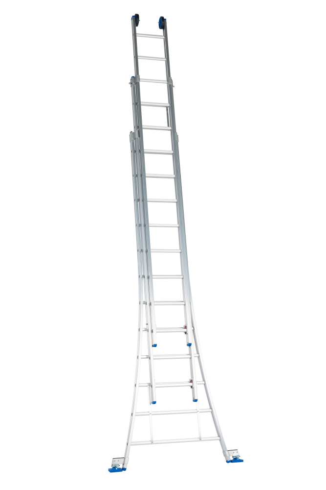 Echelle coulissante / 3 x12, pieds évasés, transformable, sécurité écartement, pieds d'évasement, roulettes de façade
