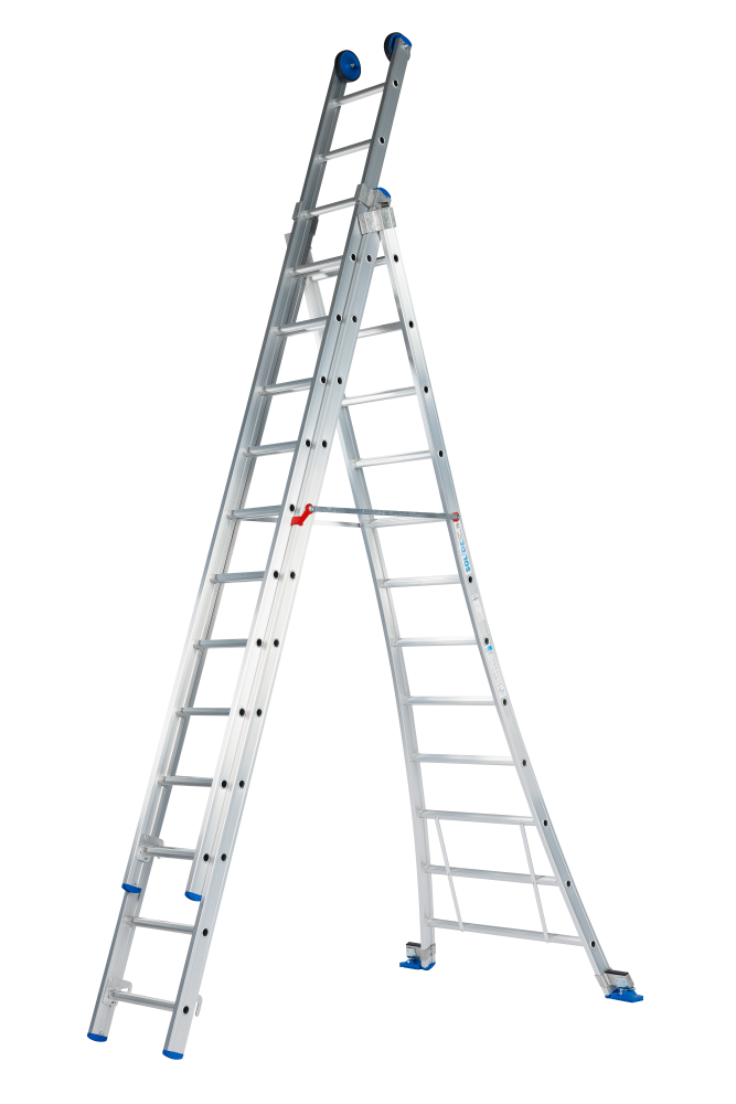 Echelle coulissante / 3 x12, pieds évasés, transformable, sécurité écartement, pieds d'évasement, roulettes de façade